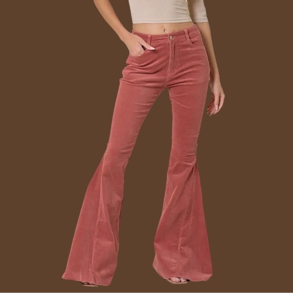 Boho Lightweight Corduroy Bell Bottom Pants High-Waisted Retro Mauve - Picture 1 of 5